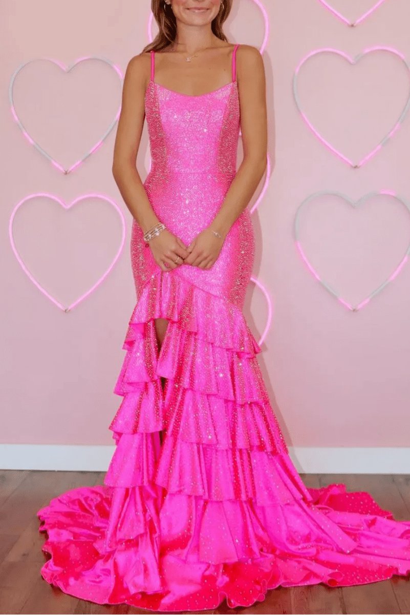 Mermaid Spaghetti Straps Rhinestone Ruffles Long Prom Dresses with Slit