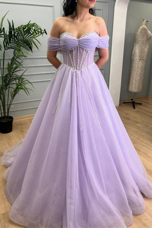 Beaded A-line Tulle Prom Dresses with Off Shoulder