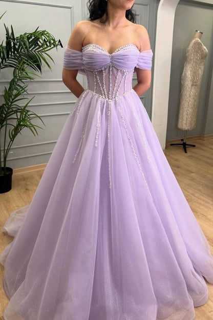 Beaded A-line Tulle Prom Dresses with Off Shoulder