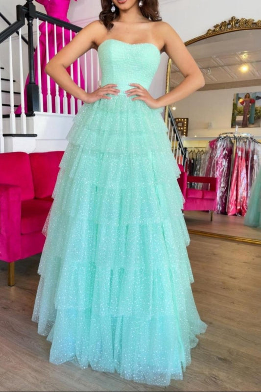 Sweetheart Tulle Tie A-line Long Prom Dresses with Slit