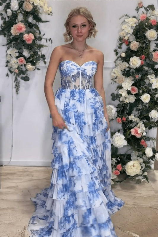 Floral Printed Sweetheart Chiffon Tie A-line Long Corset Prom Dresses