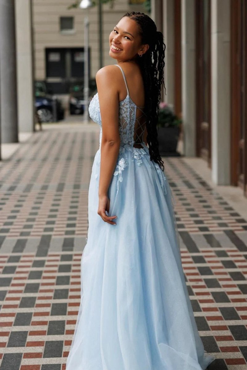 A-line Tulle Long Corset Spaghetti Straps Prom Dresses with Appliques