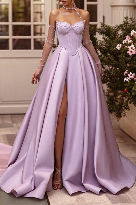 A-line Sweetheart Satin Long Corset Prom Dresses with Slit (Gloves are not Included)