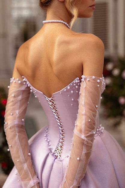 A-line Sweetheart Satin Long Corset Prom Dresses with Slit (Gloves are not Included)