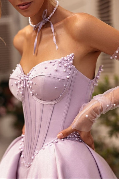 A-line Sweetheart Satin Long Corset Prom Dresses with Slit (Gloves are not Included)