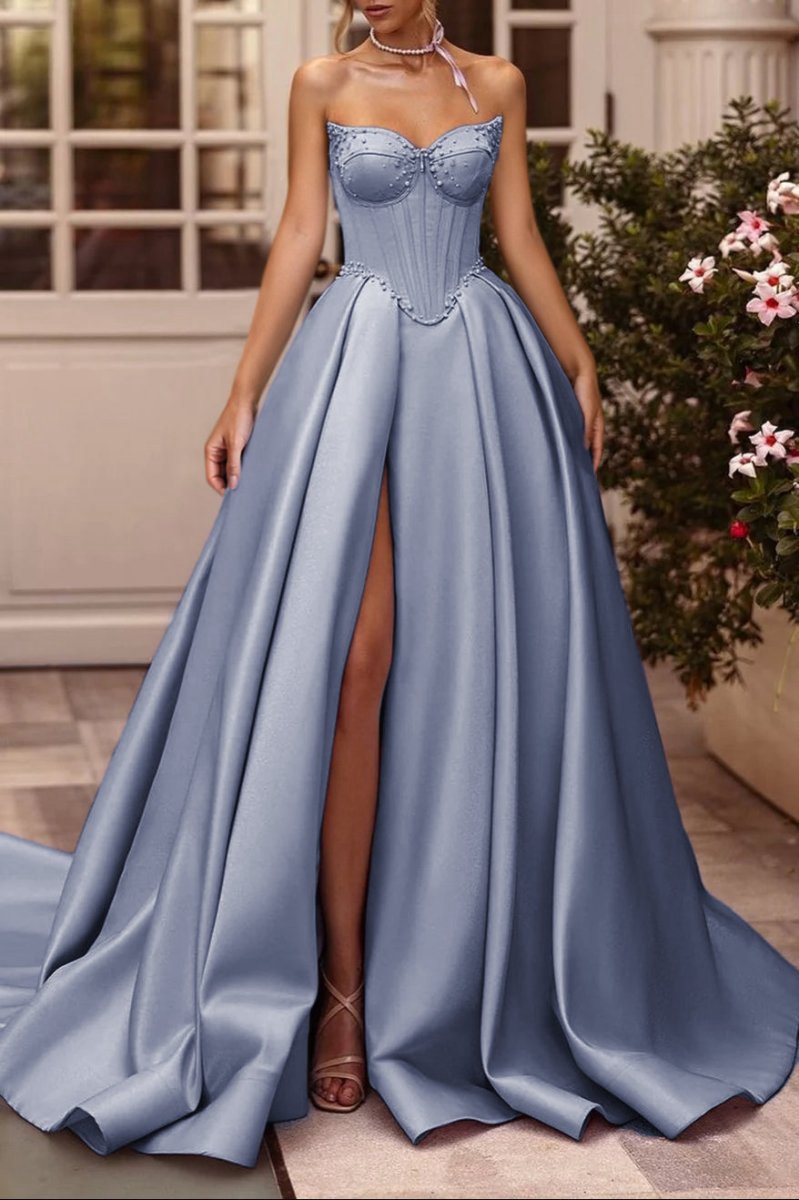 A-line Sweetheart Satin Long Corset Prom Dresses with Slit (Gloves are not Included)