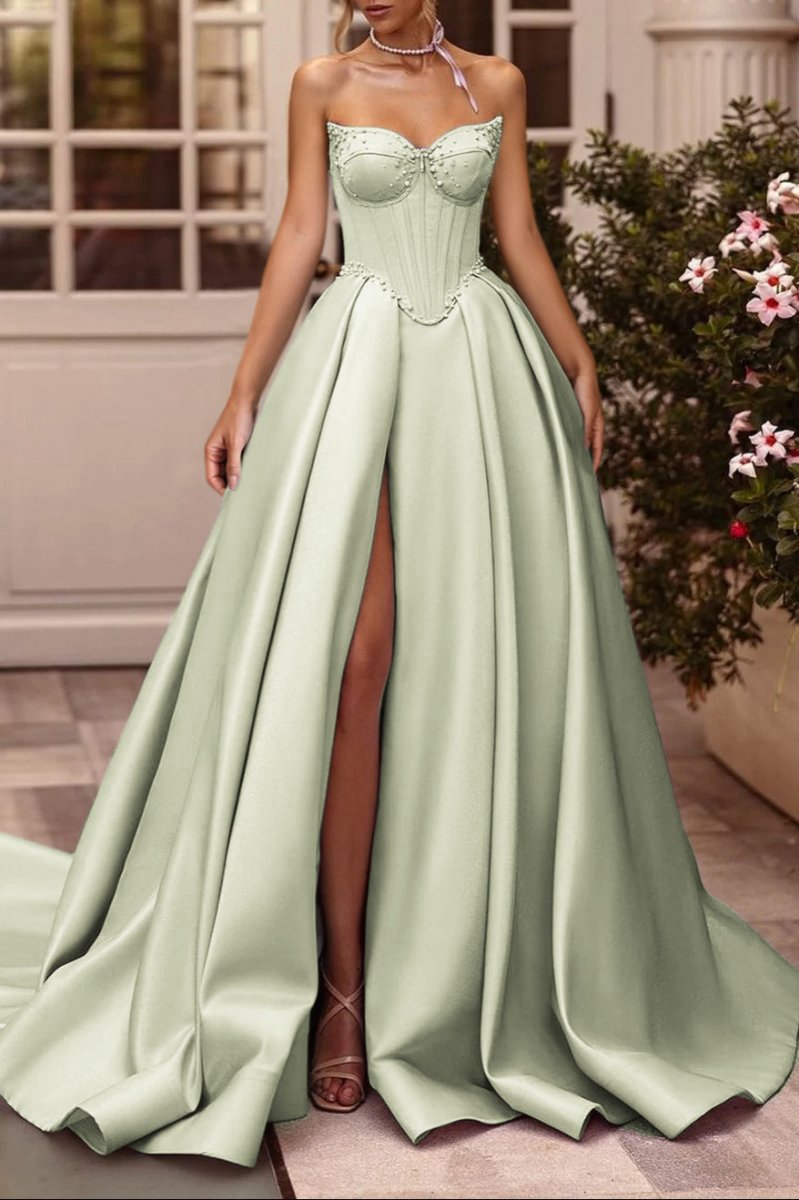 A-line Sweetheart Satin Long Corset Prom Dresses with Slit (Gloves are not Included)