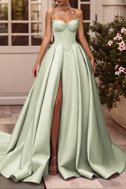 A-line Sweetheart Satin Long Corset Prom Dresses with Slit (Gloves are not Included)