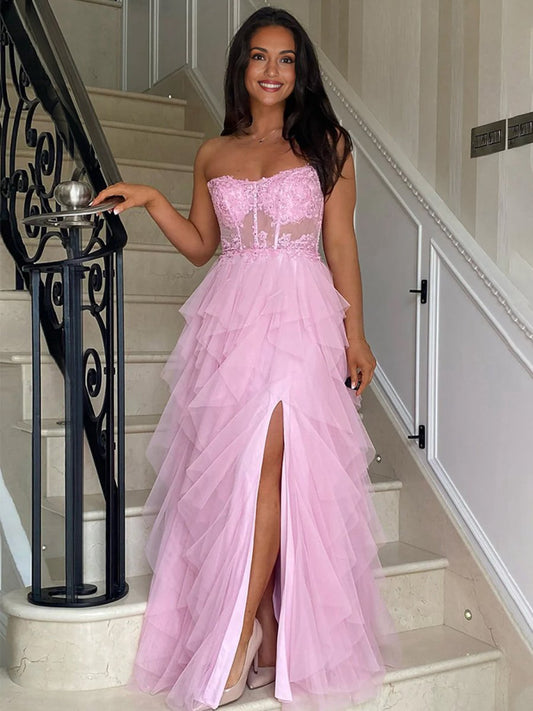 A-line Tulle Tie Long Corset Strapless Prom Dresses with Appliques