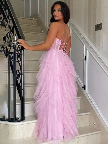 A-line Tulle Tie Long Corset Strapless Prom Dresses with Appliques