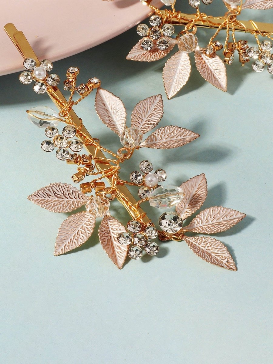 Alloy Diamond-Inlaid Golden Leaf Hair Clip