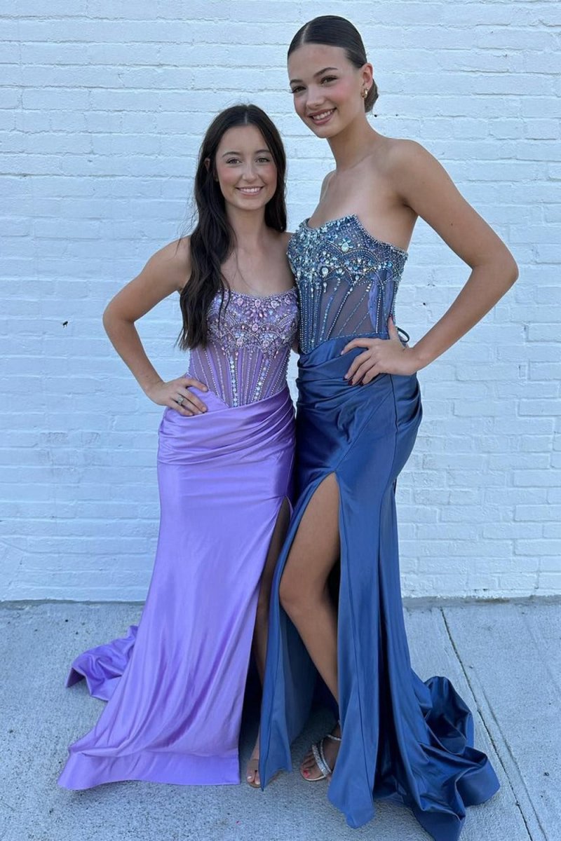 Strapless Mermaid Satin Beaded Prom Dresses with Split