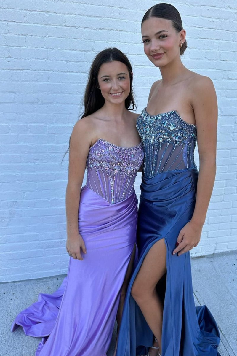 Strapless Mermaid Satin Beaded Prom Dresses with Split