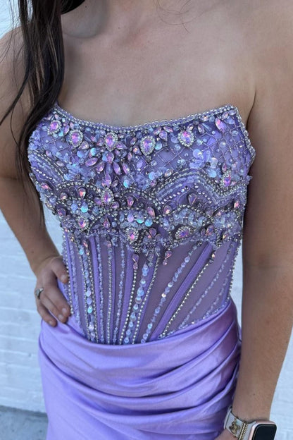 Strapless Mermaid Satin Beaded Prom Dresses with Split