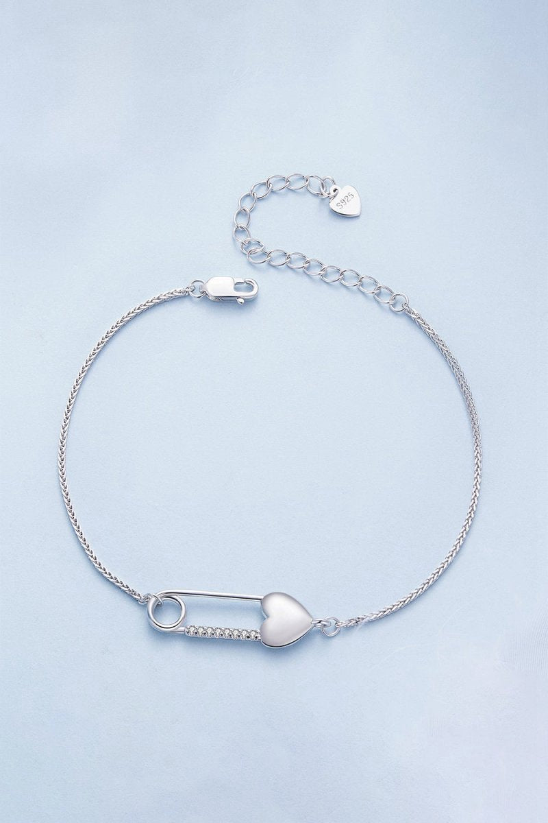 Sterling Silver Bracelet Chain with Heart Pin