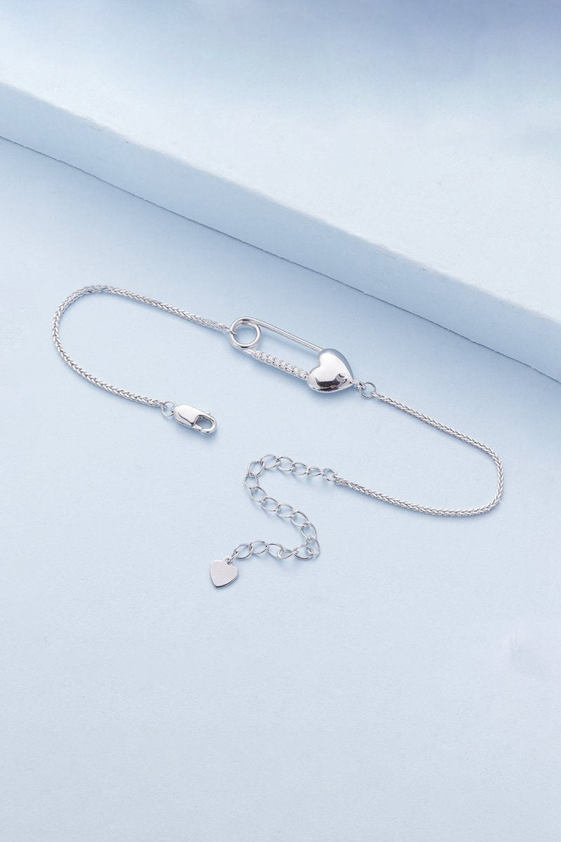 Sterling Silver Bracelet Chain with Heart Pin