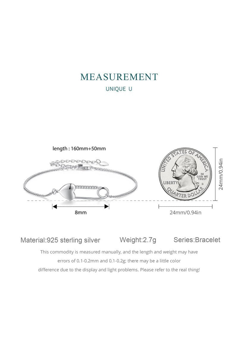 Sterling Silver Bracelet Chain with Heart Pin