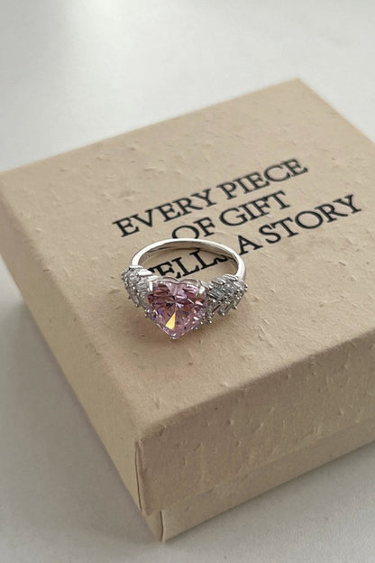 Sterling Silver Pink Heart Zircon Luxury Half Setting Ring