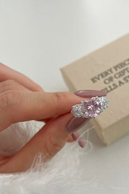 Sterling Silver Pink Heart Zircon Luxury Half Setting Ring