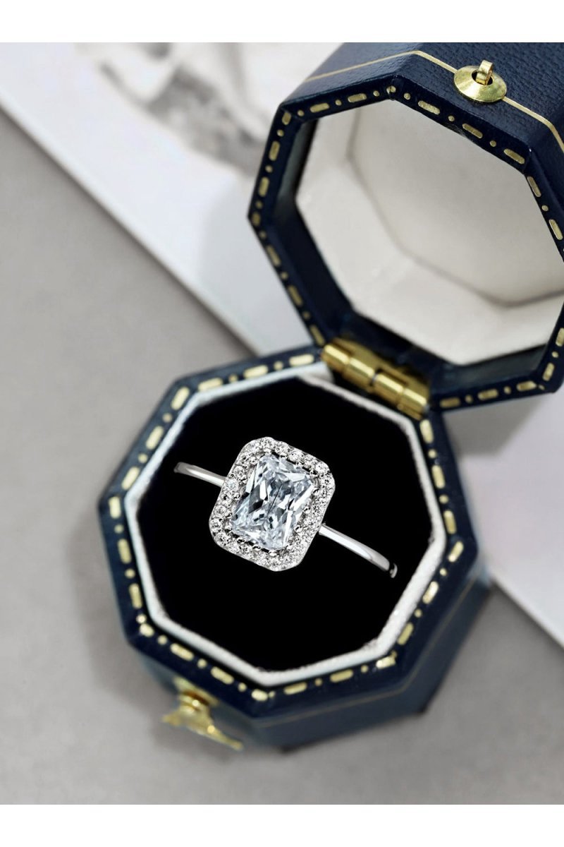 Shiny Rectangle Zircon Engagement Ring Sterling Silver