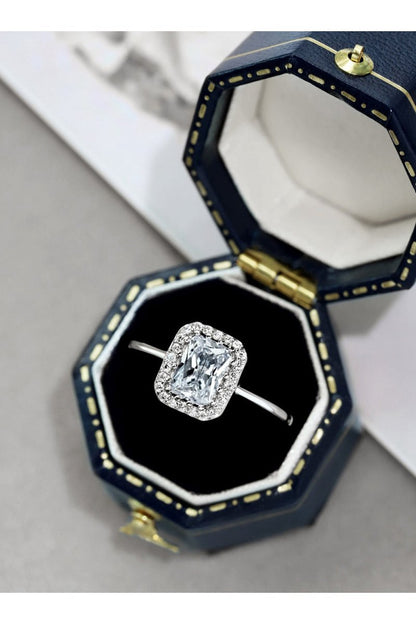 Shiny Rectangle Zircon Engagement Ring Sterling Silver