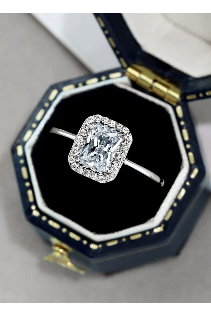 Shiny Rectangle Zircon Engagement Ring Sterling Silver