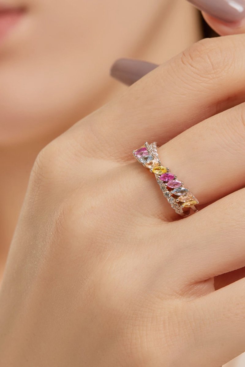 Silver Cross Shaped 5A Cubic Zirconia Colorful Agate Twisted Ring