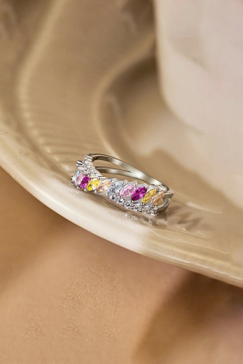 Silver Cross Shaped 5A Cubic Zirconia Colorful Agate Twisted Ring
