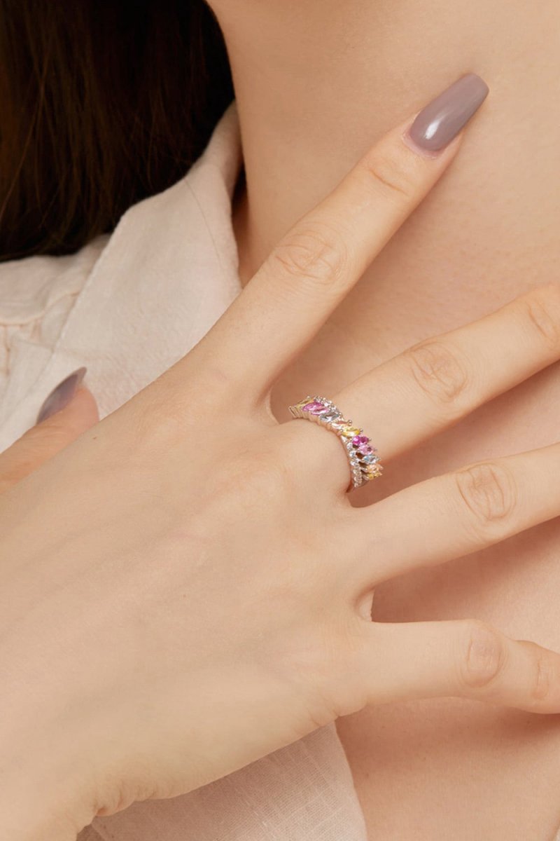 Silver Cross Shaped 5A Cubic Zirconia Colorful Agate Twisted Ring