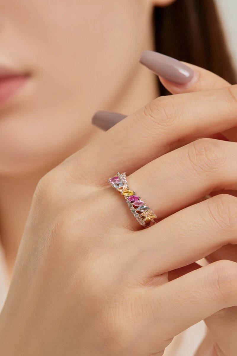 Silver Cross Shaped 5A Cubic Zirconia Colorful Agate Twisted Ring