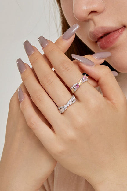 Silver Cross Shaped 5A Cubic Zirconia Colorful Agate Twisted Ring