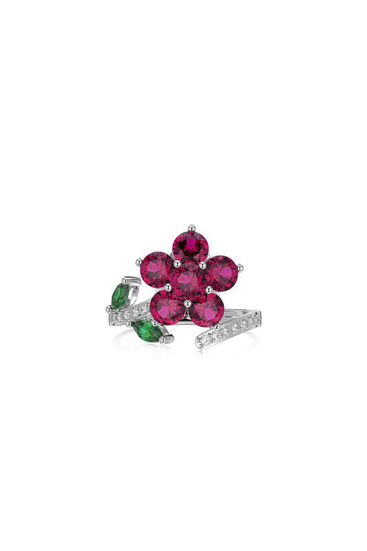 Red Flower Leaves Silver Wrap Ring