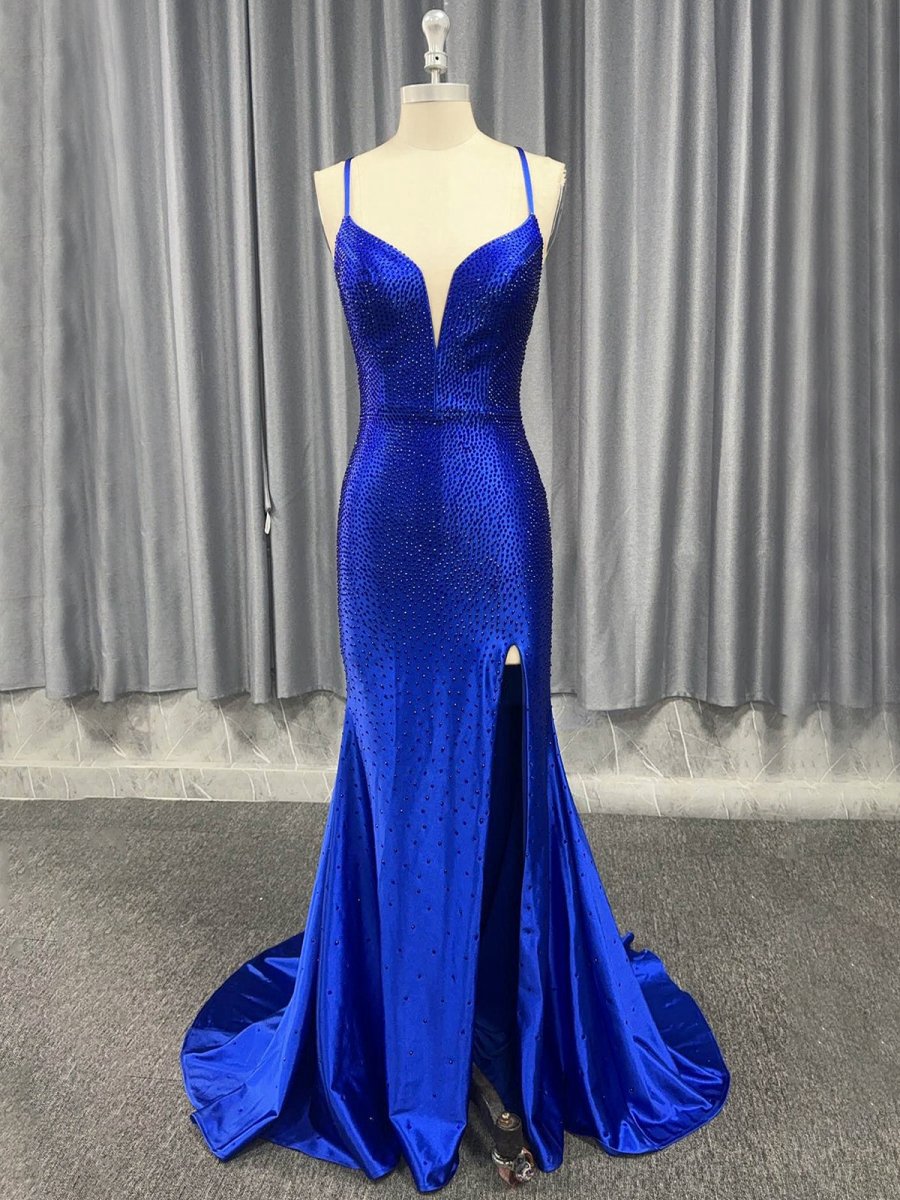 Mermaid V Neck Beaded Jersey Prom Dresses with Slit