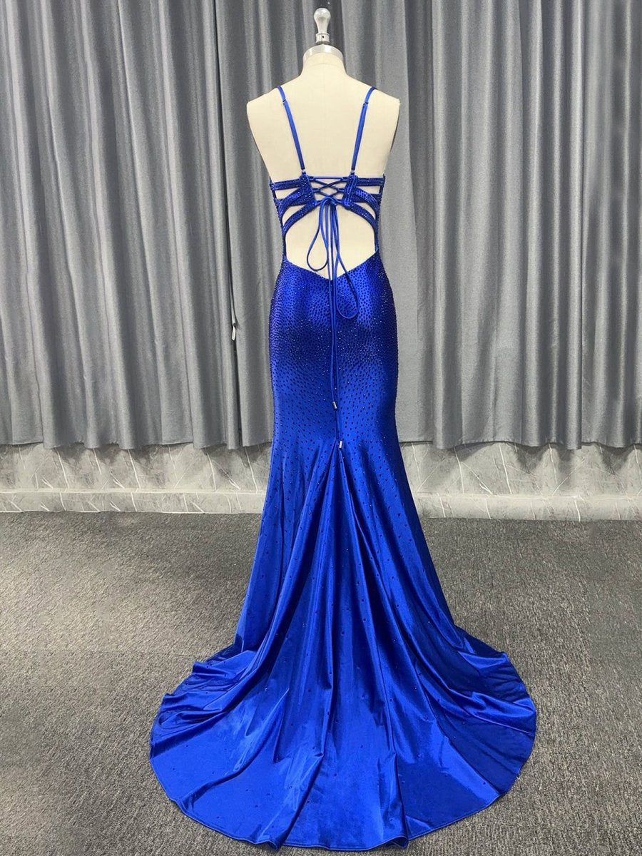Mermaid V Neck Beaded Jersey Prom Dresses with Slit