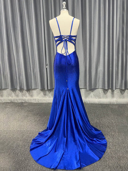 Mermaid V Neck Beaded Jersey Prom Dresses with Slit