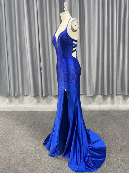 Mermaid V Neck Beaded Jersey Prom Dresses with Slit