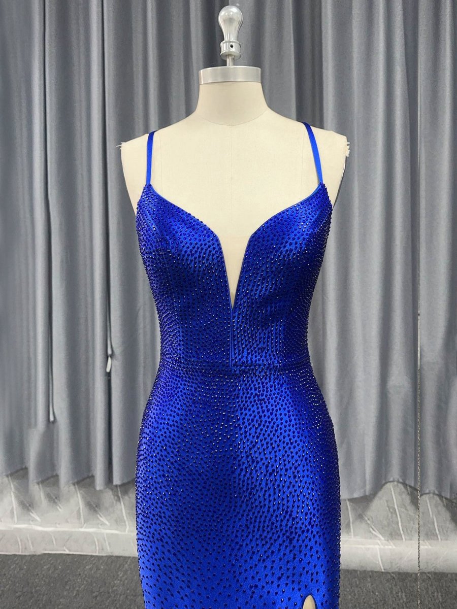 Mermaid V Neck Beaded Jersey Prom Dresses with Slit