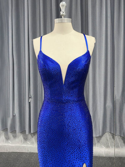 Mermaid V Neck Beaded Jersey Prom Dresses with Slit