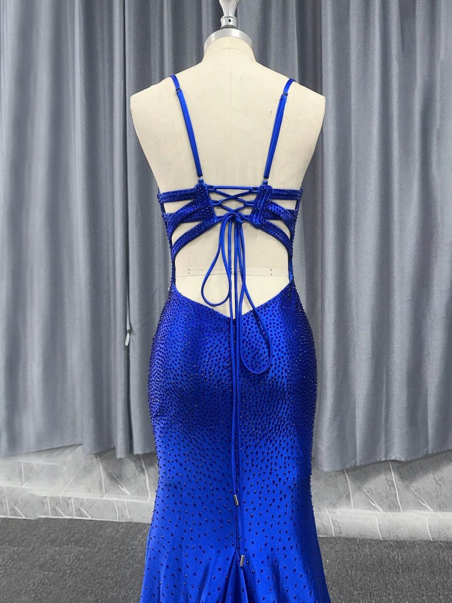 Mermaid V Neck Beaded Jersey Prom Dresses with Slit