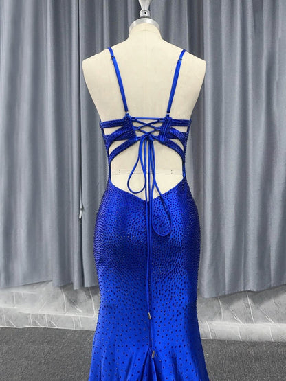 Mermaid V Neck Beaded Jersey Prom Dresses with Slit