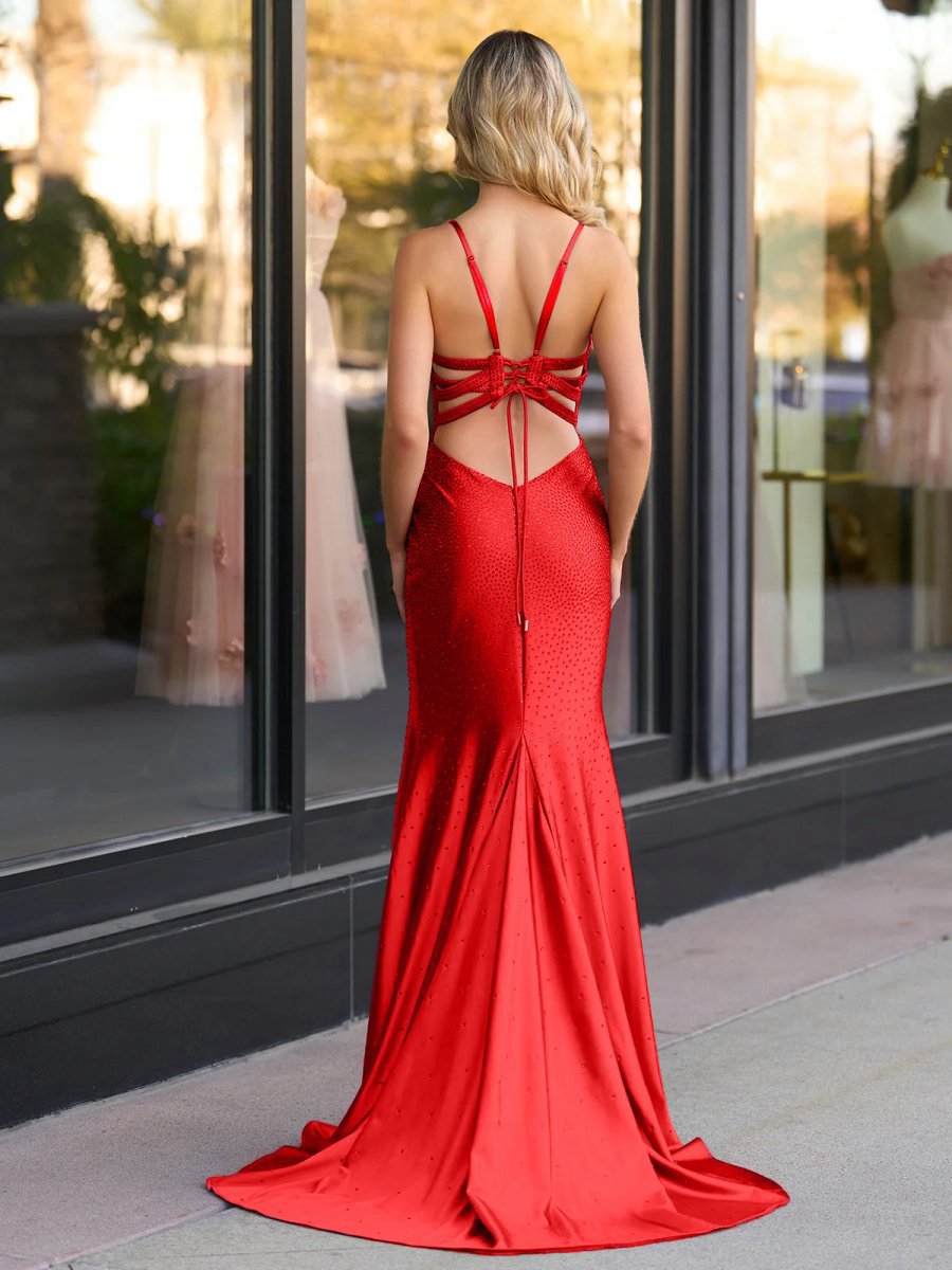 Mermaid V Neck Beaded Jersey Prom Dresses with Slit
