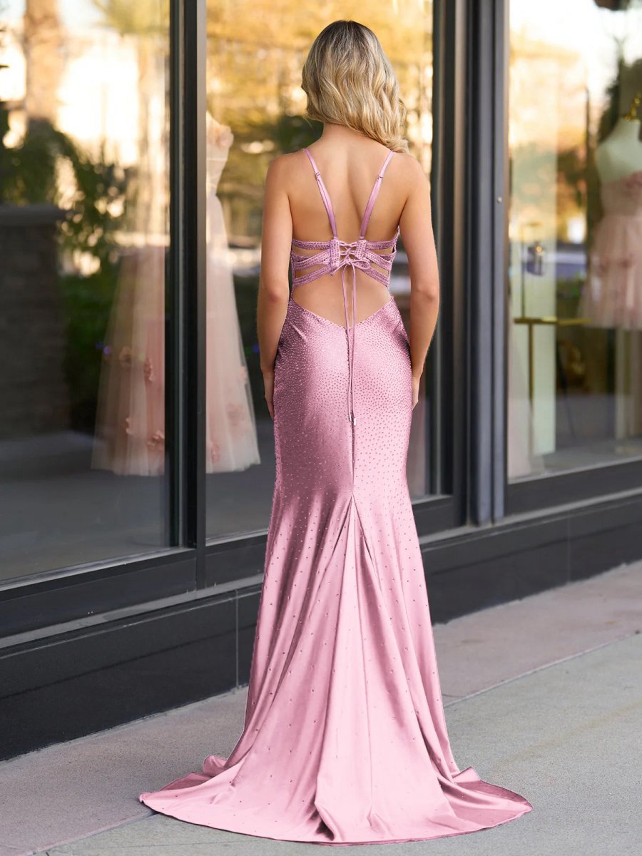 Mermaid V Neck Beaded Jersey Prom Dresses with Slit