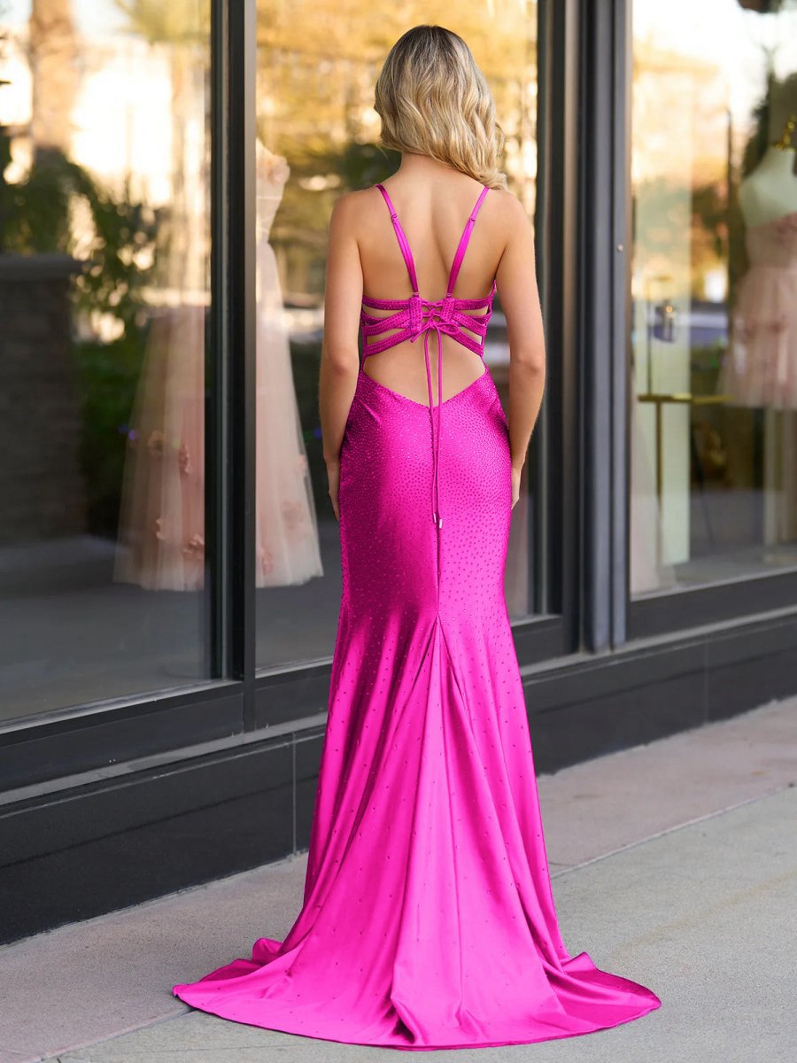 Mermaid V Neck Beaded Jersey Prom Dresses with Slit