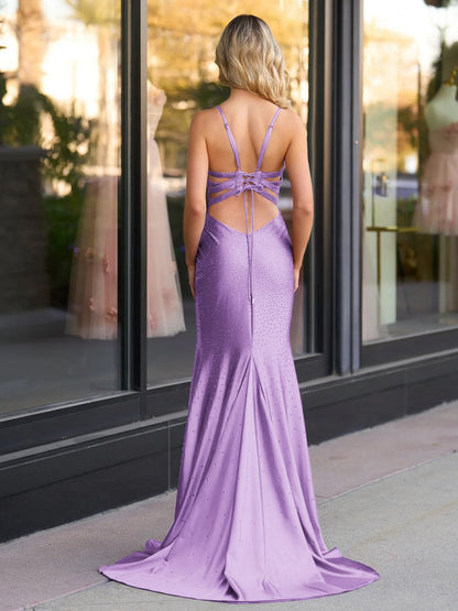 Mermaid V Neck Beaded Jersey Prom Dresses with Slit