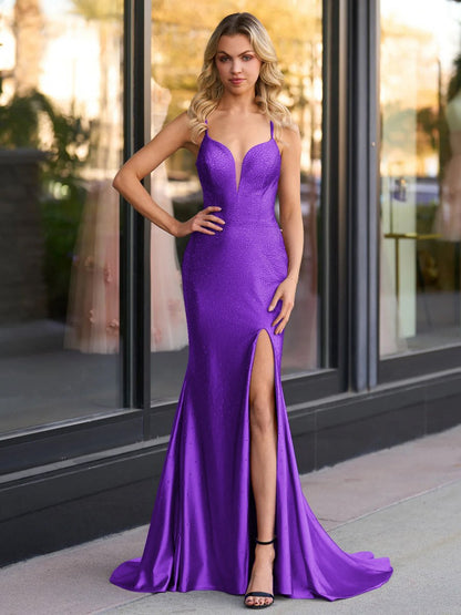 Mermaid V Neck Beaded Jersey Prom Dresses with Slit