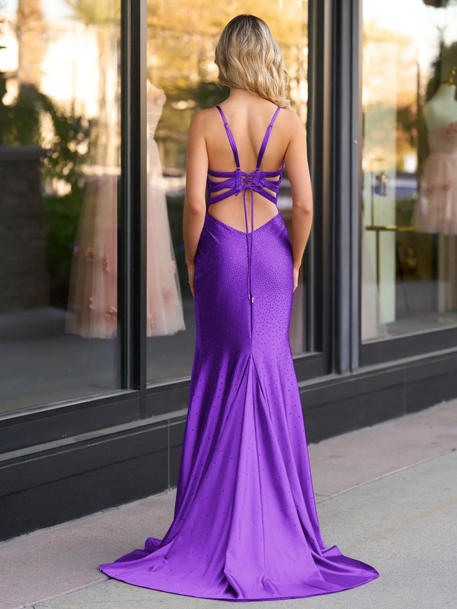 Mermaid V Neck Beaded Jersey Prom Dresses with Slit