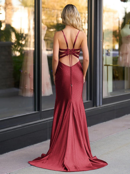 Mermaid V Neck Beaded Jersey Prom Dresses with Slit