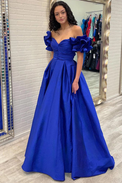 A-line Off-the-Shoulder Ruffled Sleeve Prom Dresses