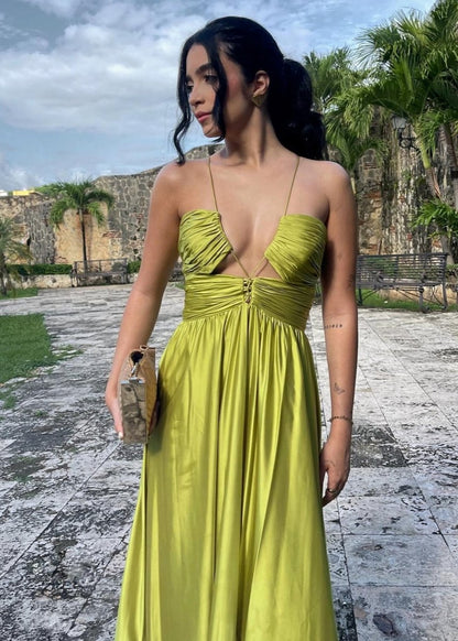 Criss-cross Chartreuse Ruched A-line Halter Sleeveless Long Prom Dresses