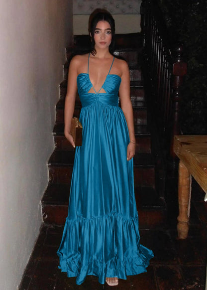 Criss-cross Chartreuse Ruched A-line Halter Sleeveless Long Prom Dresses